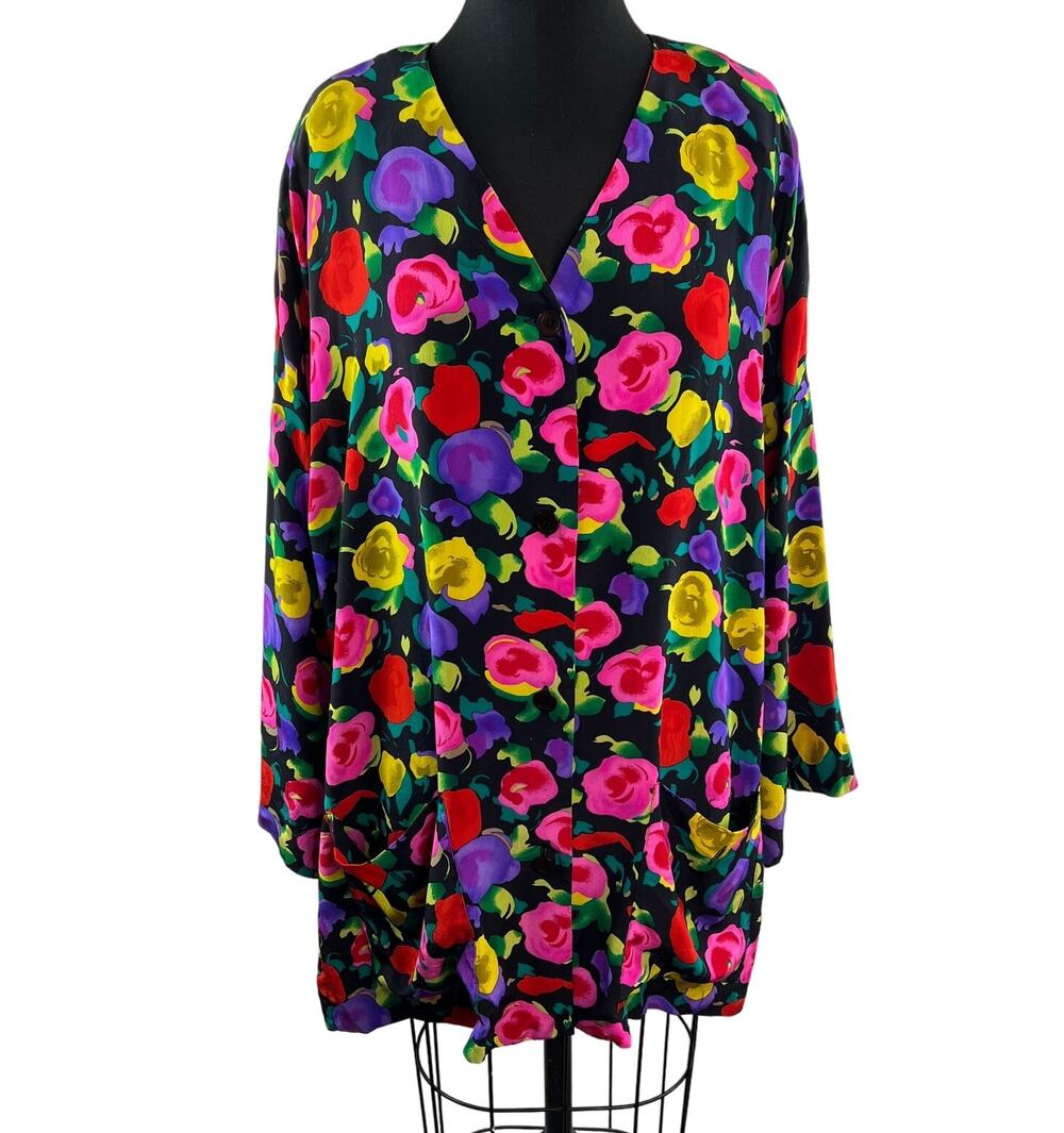 VINTAGE Diane Von Furstenberg Silk Floral V-Neck Oversized Blouse Top Sz Large L
